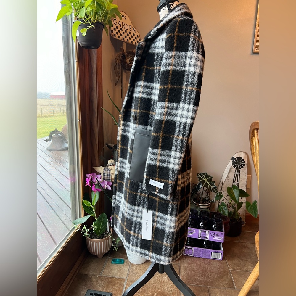 NWT Calvin Klein Plaid Faux-Leather-Pocket Walker Coat Wool Blend Black XXS - Picture 4 of 16